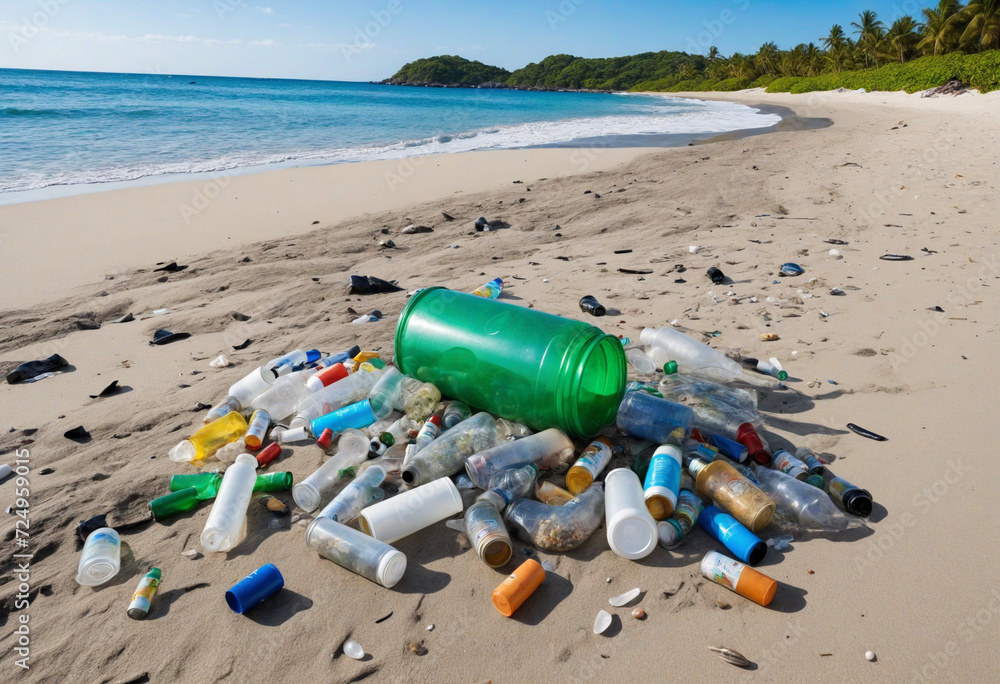 Spilled garbage on the beach. Empty used dirty plastic bottles, disposable bag and empty cans on dirty sea sandy shore. Environmental pollution. Ecological problem. Ai generative Spilled garbage on the beach. Empty used dirty plastic bottles, disposable bag and empty cans on dirty sea sandy shore. Environmental pollution. Ecological problem. Ai generative