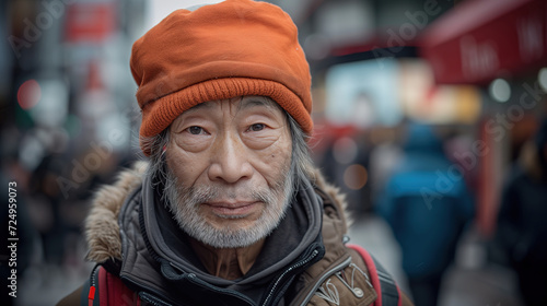 A street portrait of an elderly Japanese man in close-up.
