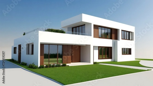 3d house model rendering on white background, Clean and precise 3D illustration modern cozy house. Concept for real estate or property.