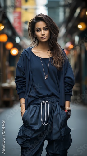 Urban sophistication with a Japanese girl in trendy streetwear, posing against a backdrop of sleek navy blue, the HD camera preserving the sleek and modern allure of her outfit