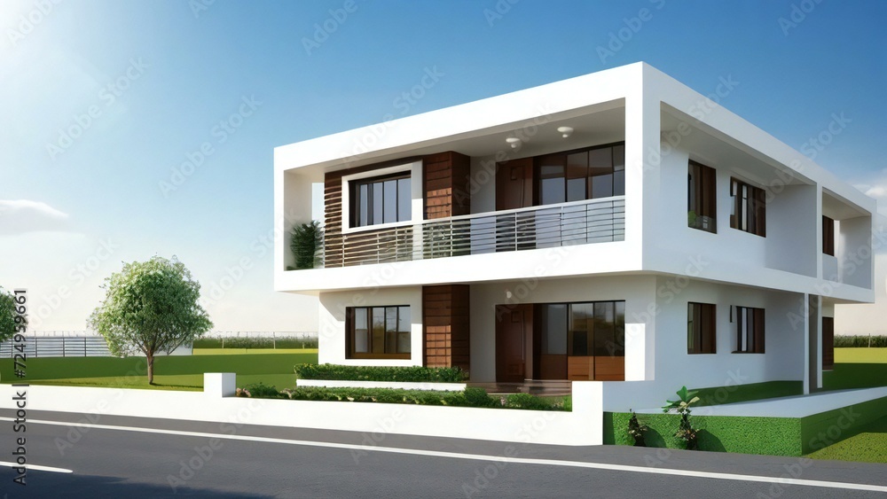 3d house model rendering on white background, Clean and precise 3D illustration modern cozy house. Concept for real estate or property.