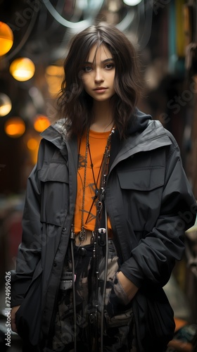 Urban sophistication with a Japanese girl in streetwear, posing against a backdrop of sleek charcoal gray, the HD camera emphasizing the modern edge of her style