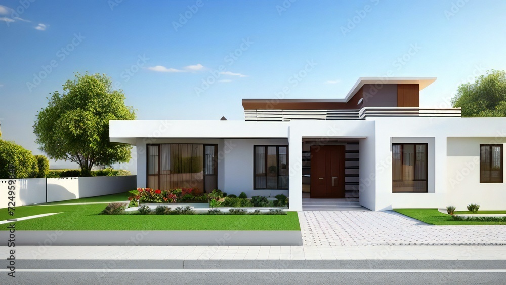 3d house model rendering on white background, Clean and precise 3D illustration modern cozy house. Concept for real estate or property.