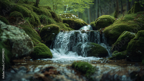 A delicate waterfall trickling over moss-covered rocks in a serene forest setting.
