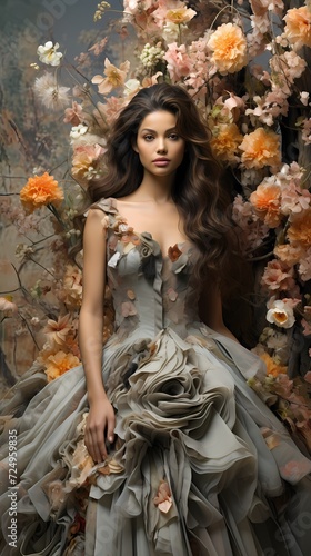 Nature-inspired beauty standing before a canvas of blooming flowers and lush foliage, embodying the essence of spring