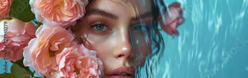 Close-up of a woman with pink roses and blue background. Beauty and fashion concept with floral elements. Design for beauty products  magazine cover  banner with space for text.