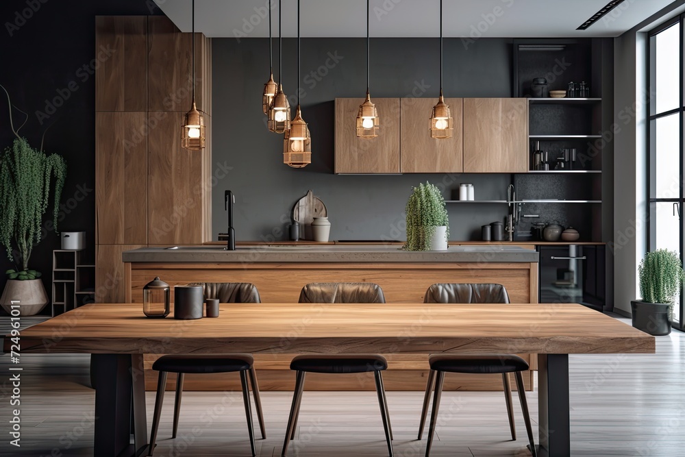 A modern kitchen's interior features an empty wooden table A modern kitchen's interior features an empty wooden table