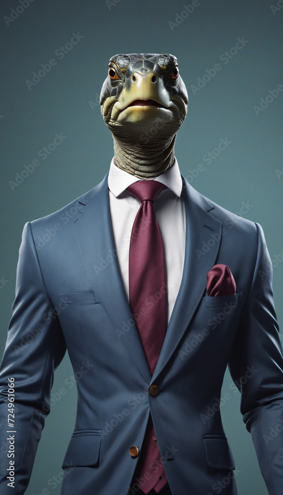 Turtle dressed in an elegant and modern suit with a nice tie. Fashion portrait of an anthropomorphic animal, shooted in a charismatic human attitude - Generative AI Turtle dressed in an elegant and modern suit with a nice tie. Fashion portrait of an anthropomorphic animal, shooted in a charismatic human attitude - Generative AI