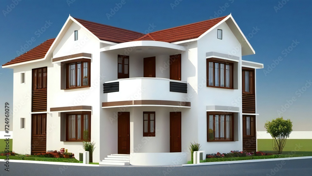 3d house model rendering on white background, Clean and precise 3D illustration modern cozy house. Concept for real estate or property.