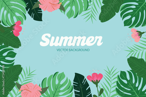 Abstract minimal summer  poster, cover, card with tropical leaves and modern typography.  Jungle exotic leaves. Summer holidays, journey, vacation travel illustration. Promo ads design template