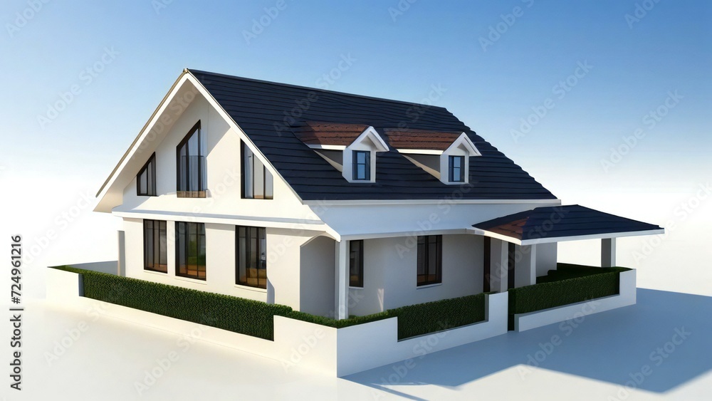 3d house model rendering on white background, Clean and precise 3D illustration modern cozy house. Concept for real estate or property.