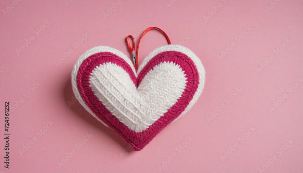 Checkered Knitted Heart on Pink Background. Knitted Heart Object With Love