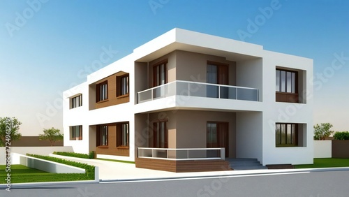 3d house model rendering on white background, Clean and precise 3D illustration modern cozy house. Concept for real estate or property.