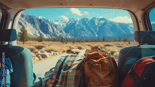 A family car packed for a road trip with scenic mountains in the background.