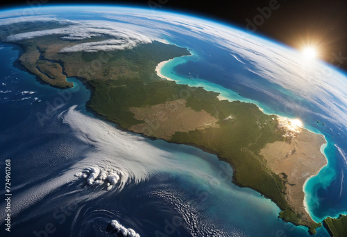 Sun shining over a high detailed view of Planet Earth  focused on South America  Amazon rainforest and Brazil. 3D illustration - Elements of this image furnished by NASA