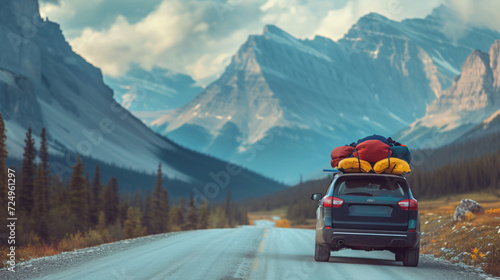 A family car packed for a road trip with scenic mountains in the background.