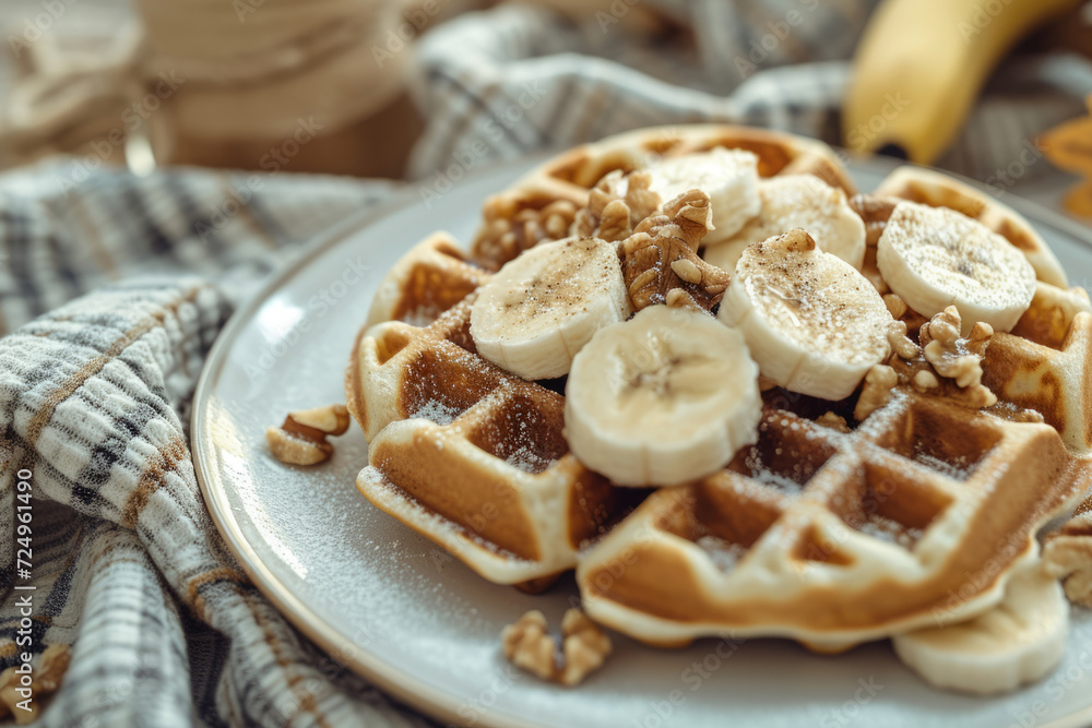 Waffles with banana and nuts. Generative AI Waffles with banana and nuts. Generative AI