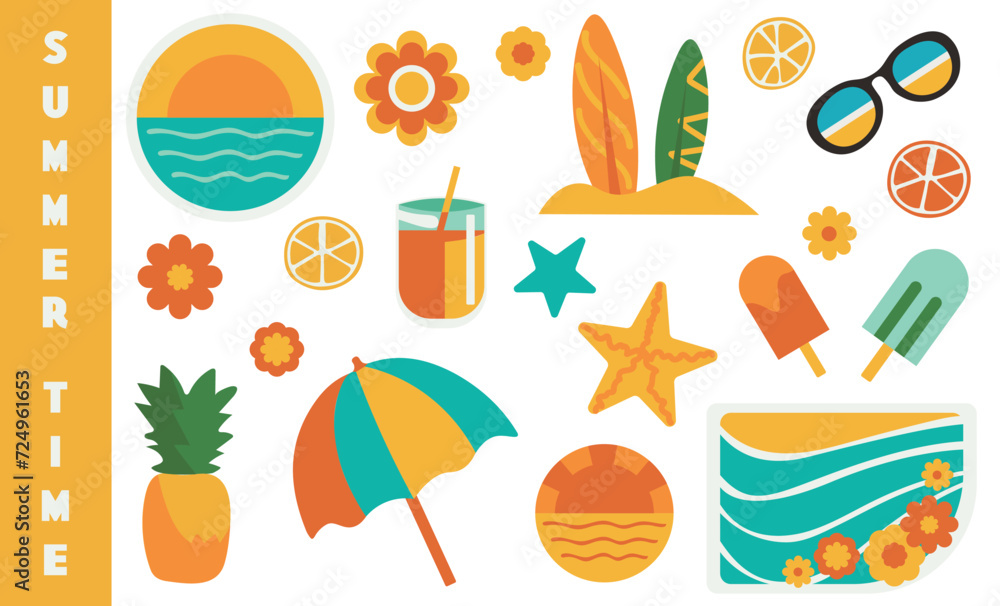 summer beach icons set A set of summer items. summer association beach, ice cream, fruits, set of item icons, stickers, decorations drawing by hand summer beach icons set A set of summer items. summer association beach, ice cream, fruits, set of item icons, stickers, decorations drawing by hand