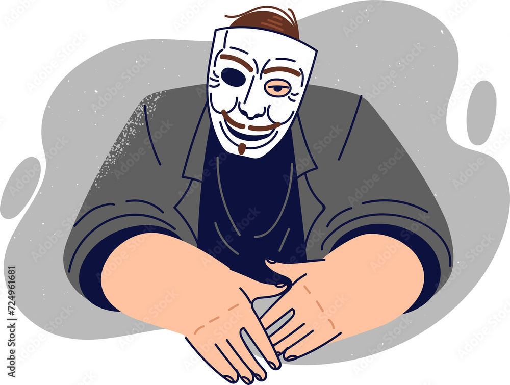 Anonymous man with mask on face, wanting to deceive you and drag into criminal activity