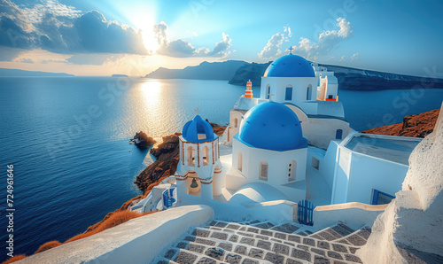 View of Oia at sunset, a small town with whitewashed houses on Santorini Island, Cyclades islands archipelagos, Aegean Sea, Greece.