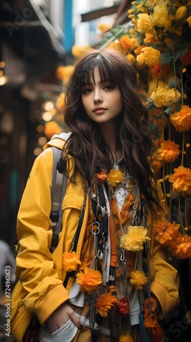 Vibrant Tokyo street style featuring a Japanese girl in fashionable streetwear against a backdrop of lively sunflower yellow, the HD camera capturing the dynamic energy