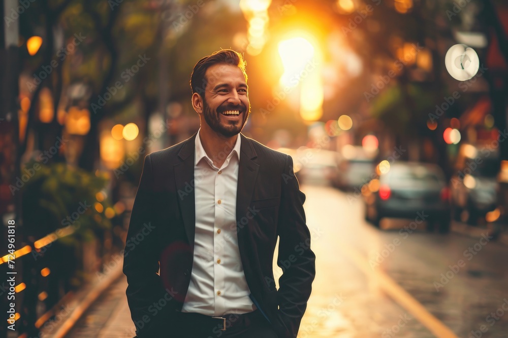 Portrait of a young businessman happy smile walk in a city street.. Portrait of a young businessman happy smile walk in a city street..