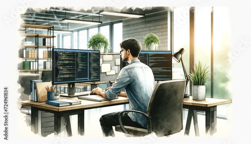 Programmer working in a modern office, side view.