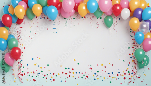 Empty frame with copy space for birthday card illustration or festive events with colorful balloons around the frame