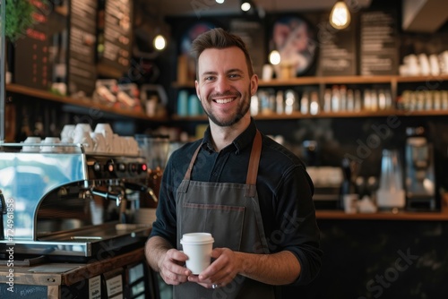 Male coffee shop business owner stands proudly happy in a cozy coffee shop. Small business owner.