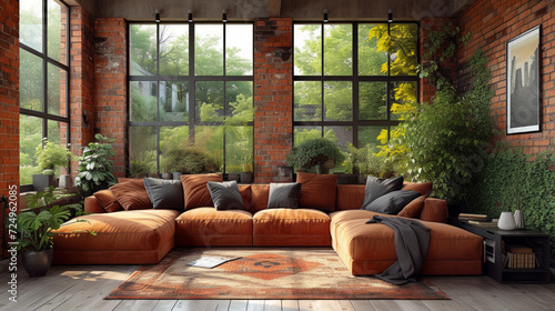 Living room interior in loft, industrial style, 3d render, Generative Ai.