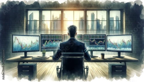 The image is a watercolor painting of a stock trader analyzing data on multiple screens.