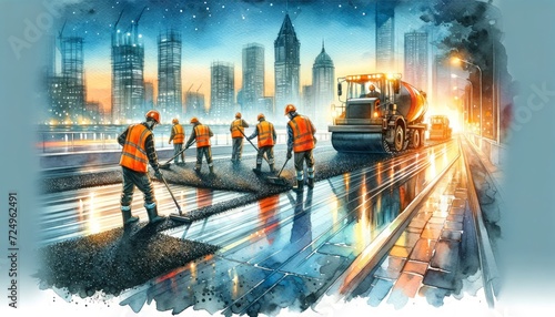 The image depicts road workers paving a street at sunset in a city. photo