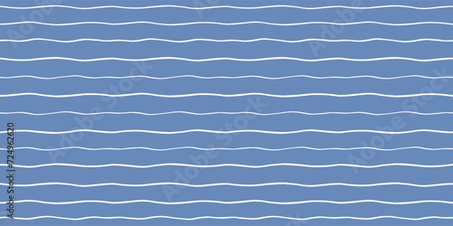 Wavy stripes, sea waves seamless vector pattern. Thin hand drawn uneven lines, wriggling pinstripes background. Striped abstract template. Doodle winding streaks texture. White bars, blue backdrop.