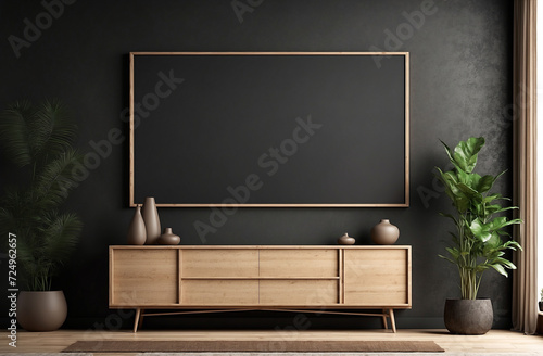 3d render of a modern room with a black frame, copy space
