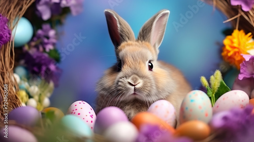 Easter Wonderland  Bunny in a Bed of Flowers  Guarding an Array of Colorful Eggs   a Picture-Perfect Celebration of Nature s Renewal
