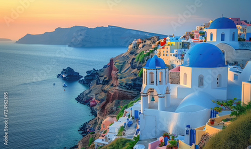 View of Oia at sunset, a small town with whitewashed houses on Santorini Island, Cyclades islands archipelagos, Aegean Sea, Greece. photo