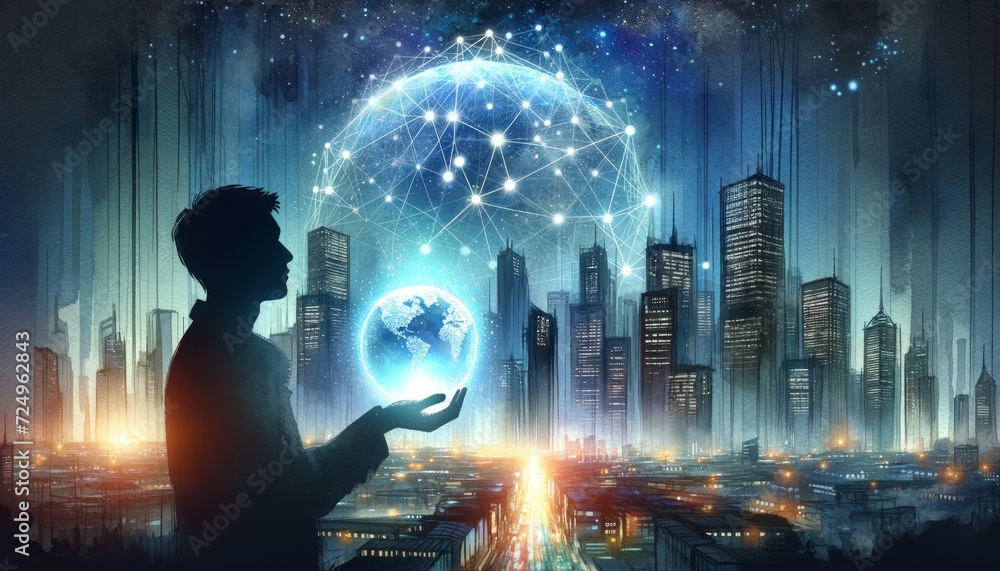 The image features a silhouette holding a glowing digital globe against a cityscape. The image features a silhouette holding a glowing digital globe against a cityscape.