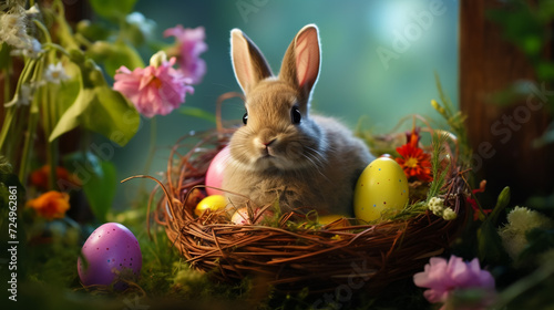 Easter Wonderland  Bunny in a Bed of Flowers  Guarding an Array of Colorful Eggs   a Picture-Perfect Celebration of Nature s Renewal