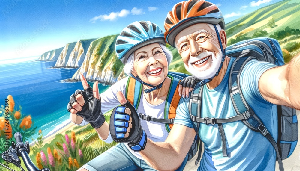 Obraz premium The image shows a happy middle-aged couple taking a selfie by the ocean.