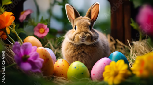 Easter Wonderland  Bunny in a Bed of Flowers  Guarding an Array of Colorful Eggs   a Picture-Perfect Celebration of Nature s Renewal