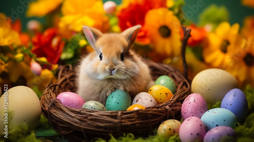 Joyful Nest: Easter Bunny Amidst Flowers, Safeguarding a Trove of Cheerful Eggs—A Vibrant Tapestry of Spring's Renewal.