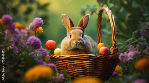 Joyful Nest  Easter Bunny Amidst Flowers  Safeguarding a Trove of Cheerful Eggs   A Vibrant Tapestry of Spring s Renewal.