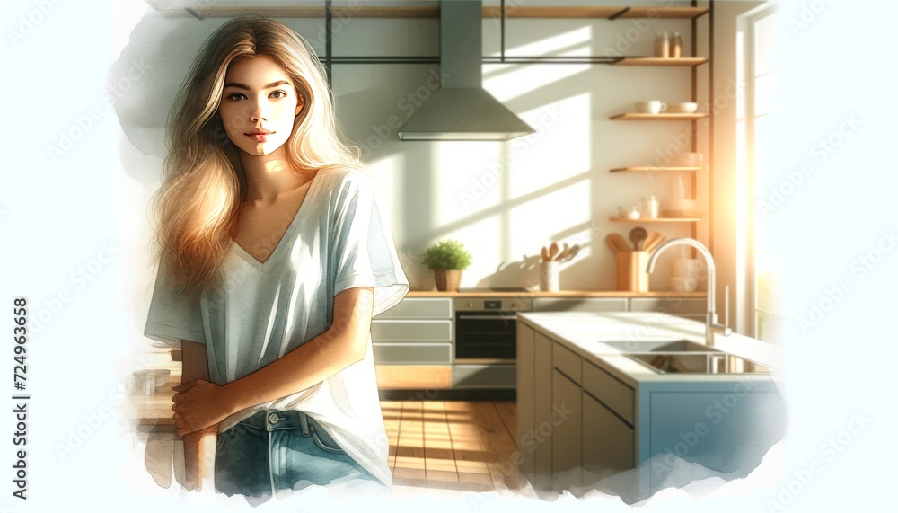 The image shows a young woman in a sunlit modern kitchen, looking content. The image shows a young woman in a sunlit modern kitchen, looking content.