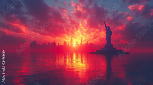 Iconic Lady: Statue of Liberty Silhouetted Against the Manhattan Sunset photo