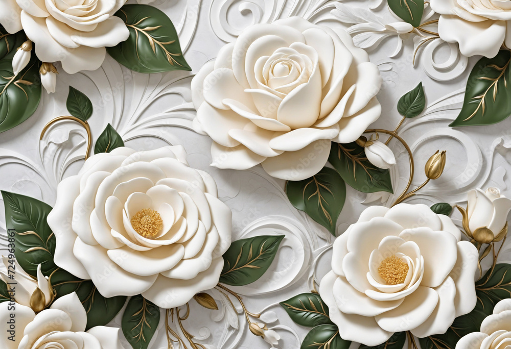 3D printable ceiling interior wallpaper with luxury beautiful white roses and leafs flowers, swan, silk and marble background for wall	
