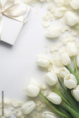 Celebrating White day. Bouquet of white flowers and white chocolate.