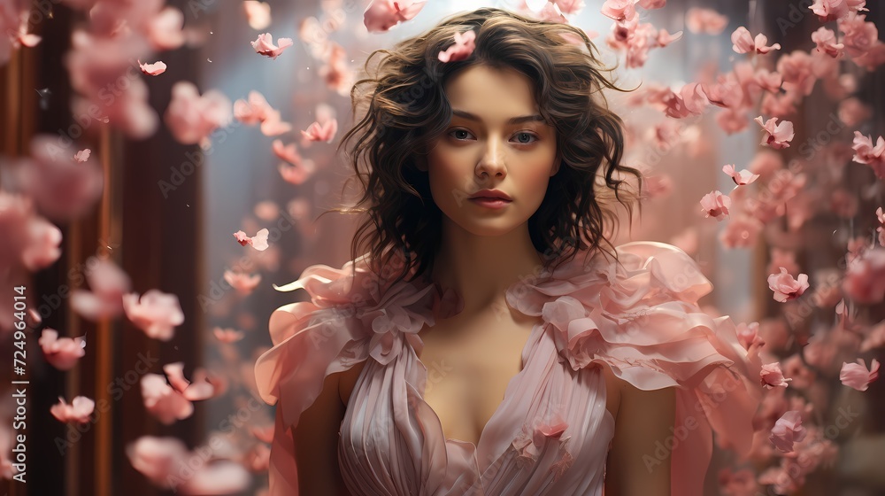 Virtual rain of AI-generated sakura petals enveloping a sophisticated Japanese model against a muted coral pastel wall