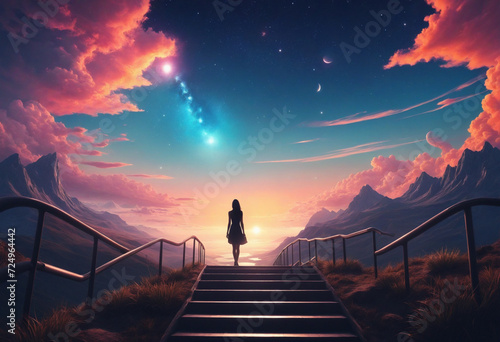 Silhouette standing on stairs in fantasy landscape with surrealistic sky. Lonely person walking to bright colorful sky with cosmic background
