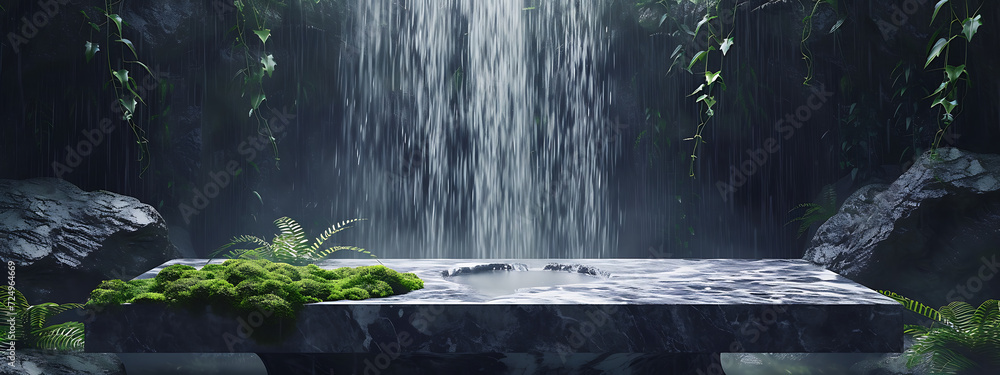 waterfall with marble table and moss 3d render in the - obrazy, fototapety, plakaty 