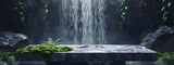 waterfall with marble table and moss 3d render in the